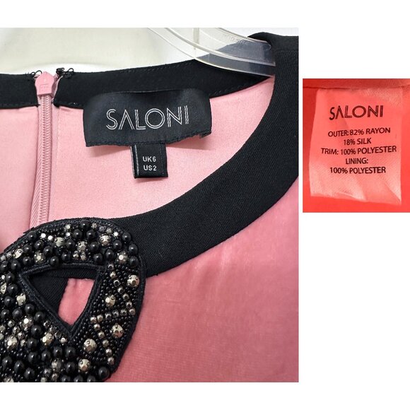 Saloni Camille Crystal Bow Liquid Velvet Midi Dress Rose Pink Black Beaded US 2 - Picture 3 of 16